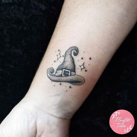 Small Witches Hat Tattoo, Witch's Hat Tattoo, Small Salem Tattoos, Witch Tatoos Ideas, Bewitched Tattoo, Ghost With Witch Hat Tattoo, Witch Hat Tattoo Ideas, Salem Witch Tattoo, Witches Hat Tattoo