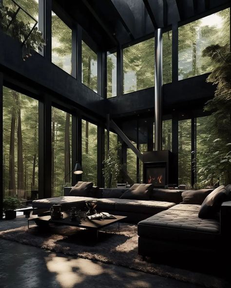 Dream House in the Woods 💚 Which room is your favorite? ◾Get inspired more by @idreamhouse ᅠ ᅠ ᅠ By… | Instagram Black Modern House, Dark Modern House, Dream House In The Woods, Black Houses, Dark Living Rooms, Dark Modern, Dark House, Dark Interiors, Design Exterior