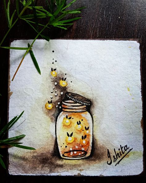 Jar Of Fireflies Drawing, Fireflies In A Jar Painting, Firefly Watercolor Paintings, How To Draw A Firefly, Watercolor Fireflies, Fireflies Drawing, Firefly Sketch, Firefly Watercolor, Light Bulb Art Drawing