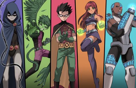 Teen Titans Drawings, Teen Titans Go Characters, Teen Titans Characters, Original Teen Titans, Teen Titans Fanart, Teen Titan, Arte Dc Comics, Dc Comics Superheroes, Dc Comics Artwork