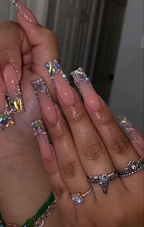 Rihstone Nail, Birthday Xl Nails, Birthday Nails With Bling, Blinged Nails Rhinestones, Rhinestone Birthday Nails, Bedazzled Acrylic Nails, Blinged Out Acrylic Nails, Blinged Out French Tip Nails, Bedazzled French Tip Nails