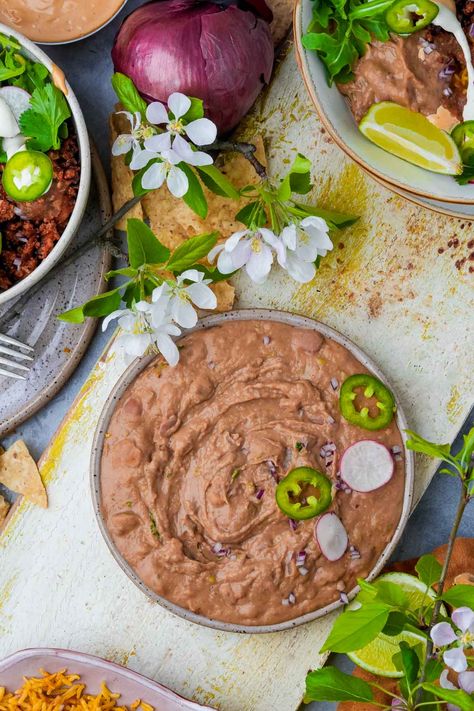 The Best Vegan Refried Beans - Cinnamon Snail Refried Beans Vegan, Vegan Refried Beans, Traditional Mexican Desserts, Vegan Fajitas, Vegan Nachos Cheese, Refried Beans Recipe, Taco Filling, Vegan Nachos, Vegan Mexican Recipes