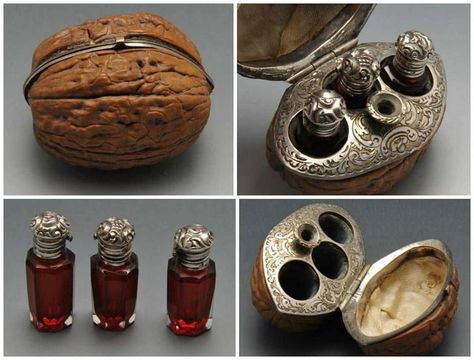 19th century French hinged walnut case with scent bottles & funnel. - Imgur Steampunk Tendencies, Steampunk Accessories, Scent Bottle, Larp, Toffee, Funnel, Sake, Nuts, 19th Century