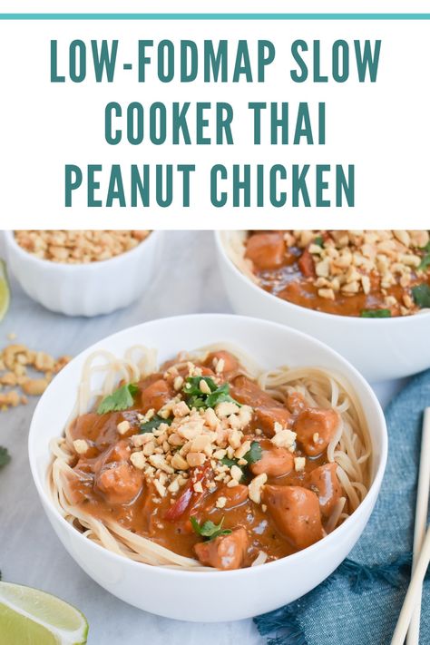 Low-FODMAP Slow Cooker Thai Peanut Chicken; Gluten-free, Dairy-free | Rachel Pauls Food Low Fodmap Slow Cooker Chicken, Low Fodmap Thai Recipes, Fodmap Slow Cooker Recipes, Slow Cooker Low Fodmap, Low Fodmap Potluck Recipes, Low Fodmap Chinese Recipes, Low Fodmap Chicken Breast Recipes, Fodmap Crockpot Recipes, Low Fodmap Slow Cooker Recipes