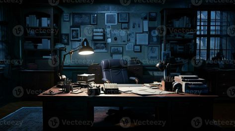 Gritty Detective's Office, AI Generative Detective Background For Editing, Detective Agency Office, Private Detective Office, Detective Wall Aesthetic, Detective Office, Detectives Office, Detective Board, Detective Office Interior, Noir Detective Aesthetic