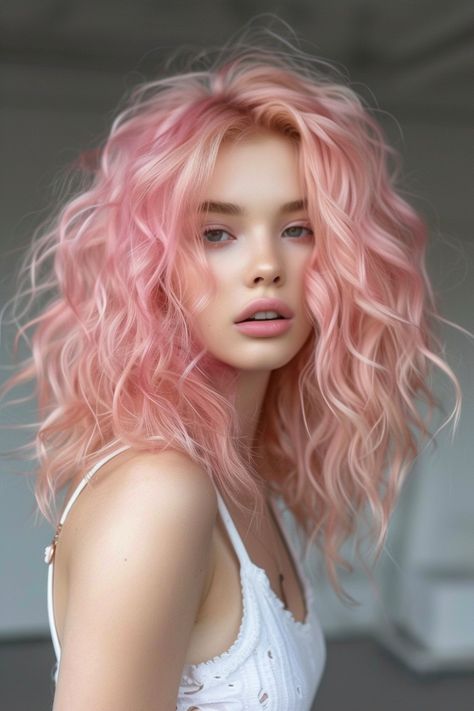 Pink And Blonde Hair Curly, Light Pink Curly Hair, Female Oc Pink Hair, Long Pink Curly Hair, Curly Pink Hair Aesthetic, Light Pink Hair, Hair Color Pastel, Rose Gold Hair, Rose Hair