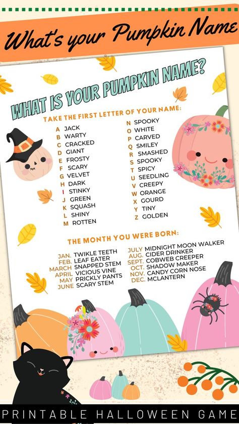 Fall Trivia, What's Your Name, Name Game, Interactive Posts, Name Games, Halloween Party Games, Halloween Printable, Halloween Photoshoot, Printable Game