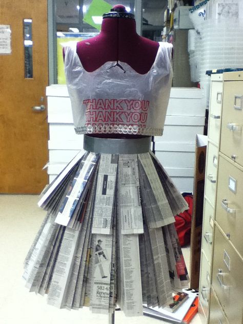 Newspaper Skirt and Plastic Bag Tank Top Anything But Clothes, Recycled Costumes, Newspaper Fashion, Trash Fashion, Newspaper Dress, Recycled Outfits, Paper Clothes, Recycled Dress, Dress Card