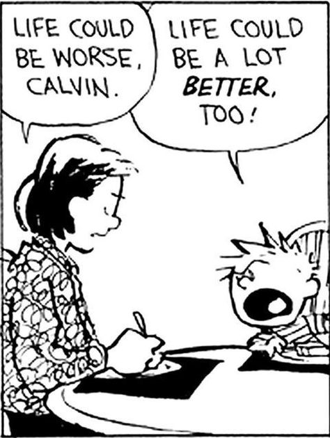 "Life could be worse, Calvin" " Life could be a lot better, too!" Calvin & Hobbes Calvin Und Hobbes, Calvin And Hobbes Quotes, Calvin And Hobbes Comics, Now Quotes, Bd Comics, World Problems, Calvin And Hobbes, Fun Comics, Caricatures