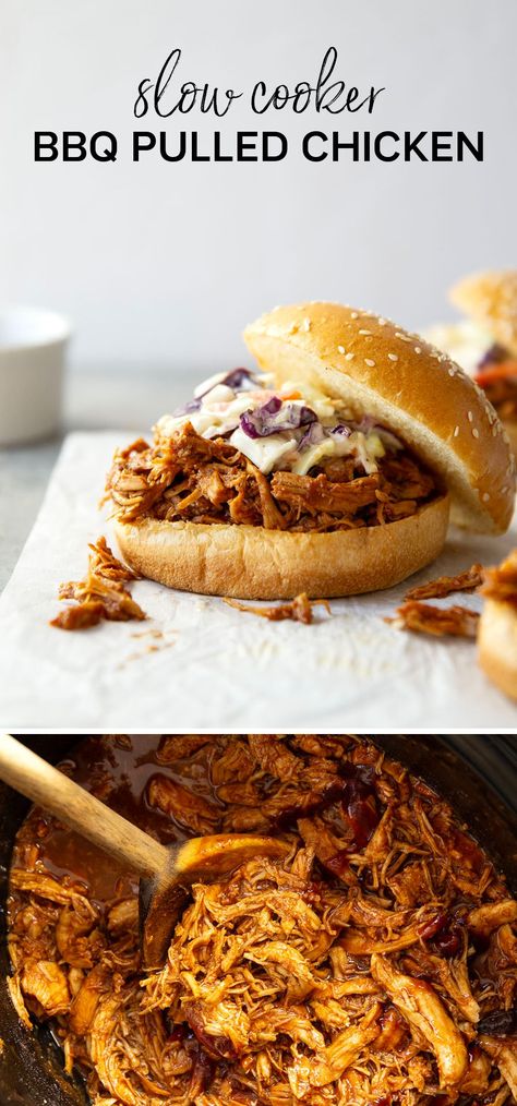 This slow cooker BBQ pulled chicken couldn't be easier to pull off and features fall-apart tender chicken in a sweet and smoky barbecue sauce. Slow Cooker Bbq Pulled Chicken, Pulled Chicken Crock Pot Recipes, Crockpot Pulled Chicken, Chicken Breast Dishes, Bbq Pulled Chicken, Pulled Chicken Sandwiches, Bbq Chicken Crockpot, Slow Cooker Bbq, Pulled Chicken