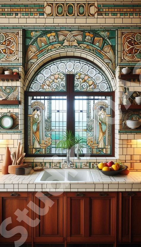 Art Deco looking Mediterranean Kitchen Art Nouveau Decor Interior Design, Mediterranean House Kitchen, Art Deco Kitchens, Art Nouveau Kitchen Design, Mediterranean House Interior Design, Art Deco Kitchen Ideas, Art Nouveau Kitchen, Kitchen Art Deco, Stained Glass Kitchen