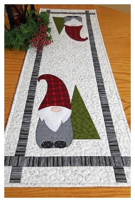 Adorable Gnome Table Runner Free Sewing Pattern | Fabric Art DIY Gnome Table Runner, Xmas Table Runners, Christmas Table Runner Pattern, Christmas Quilting Projects, Quilted Table Runners Christmas, Christmas Sewing Projects, Christmas Quilt Patterns, Holiday Table Runner, Quilted Table Runners Patterns