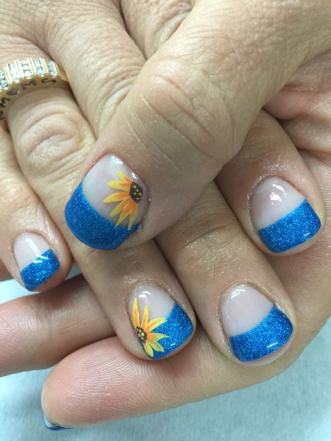 Bright shimmery royal blue French gel nails with sunflower accents. All done with non-toxic and odorless gel. Blue French Gel Nails, French Gel Nails, Hairstyles For Guys, Aqua Nails, Sunflower Nails, Diva Nails, Blue French, Vacation Nails, Nail Designs Glitter