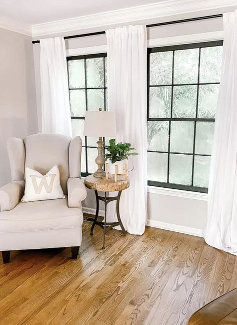 14 Easy Window Makeover DIY Ideas | Hometalk Window Makeover, Craftsman Style Trim, Cottage Curtains, Black Curtain Rods, Black Cottage, Cottage Windows, Frosted Window Film, Paint Tips, Makeover Before And After