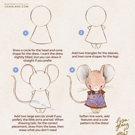 Lisa Glanz - illustrator | How to draw a cute mouse 🎨 Have fun experimenting with the size of the ears, they could be really tiny or huge! 😀 . Brushes used: AquaReal... | Instagram Drawing Mice Cute, Draw A Bunny, Maus Illustration, Mouse Illustration, Mouse Drawing, Cartoon Drawing Tutorial, Storybook Art, Brushes For Procreate, Easy Doodles Drawings