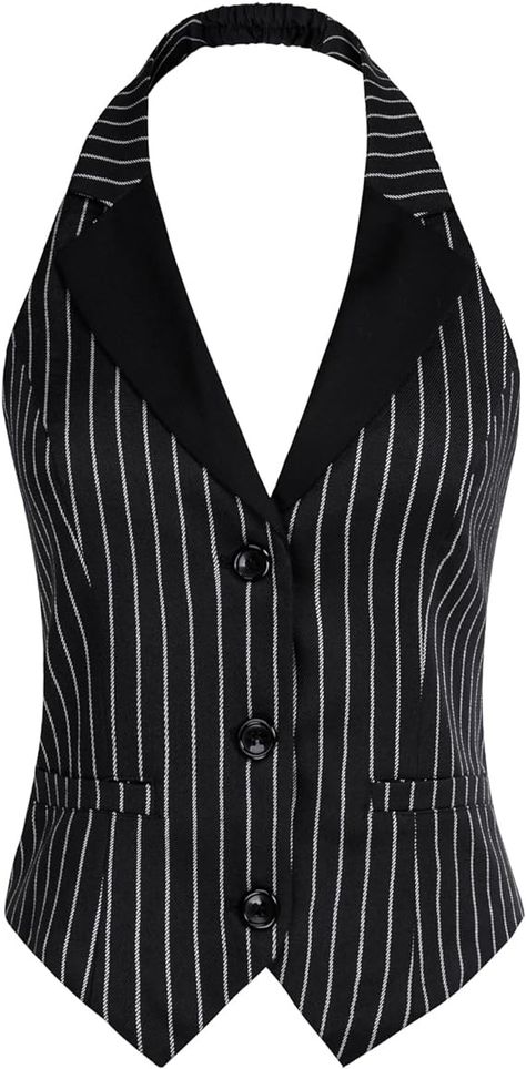 Belle Poque Women's Suit Vest Racerback Vest Halter Waistcoat Vest Dressy Fashion Black Stripe M at Amazon Women's Coats Shop Womens Suit Vest, Waistcoat Suit, Dressy Vest, Women's Waistcoat, Vest Outfits For Women, Womens Waistcoat, Down Suit, Waistcoat Woman, Halter Vest