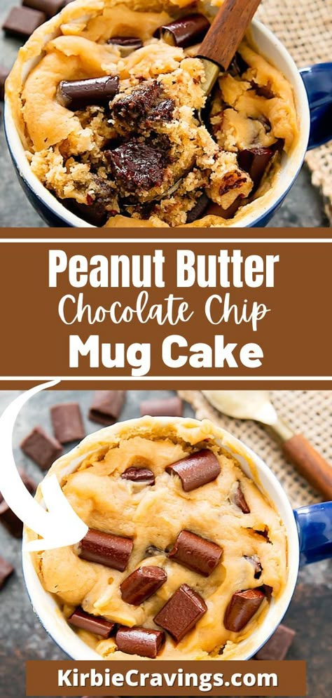 Creamy, fluffy, eggless peanut butter cake mixed with melty chocolate chips. This single serving mug cake is ready in about 5 minutes. This cake is best eaten warm, while the chocolate is still melty and gooey. Because this cake is eggless, the crumb is a little loose. It’s best eaten in the mug as it won’t hold up well if you try to remove it from the mug. So I recommend you just grab a spoon and dig in. Microwave Chocolate Chip Cookie, Microwave Mug Recipes, Chocolate Chip Mug Cake, Easy Mug Cake, Peanut Butter Mug Cakes, Chip Mug, Mug Cake Microwave, Single Serve Desserts, Chocolate Chip Cake