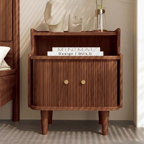 Mid Century Wooden Nightstand with Opening Storage Shelf and Cabinet Eclectic Mid Century Modern Bedroom, Midcentury Modern Bedroom Decor, Alternative Nightstand Ideas, Mid Century Modern Bedroom Design Ideas, Small Nightstand Ideas, Wood Nightstand Bedroom, 70s Bedroom Aesthetic, Night Stand Aesthetic, Midcentury Nightstand