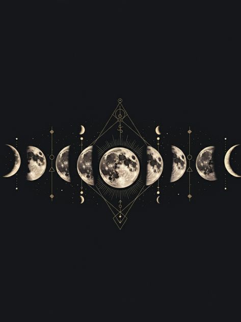 An artistic depiction of the phases of the moon in a symmetrical, geometric pattern, featuring crescent to full moons with celestial symbols on a dark background. Pagan Poems, Gothic Astrology, Moon Cycle Art, Phases Of The Moon Art, Lovers Spiritual, Celestial Aesthetic, Mystical Elements, Moon Energy, Celestial Magic