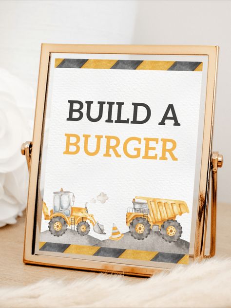 Build A Burger Construction Party, Two Construction Birthday, Truck Themed 2nd Birthday Party, Construction Birthday Food, Build A Burger, Construction Birthday Party Food, Birthday Party Menu, Construction Party Decorations, Construction Theme Birthday Party