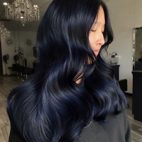 Asian Blue Black Hair, Navy Hair Color Midnight Blue, Black Indigo Hair, Black Hair With Blue Tint Dark, Blue Babylights Hair, Moonlight Blue Hair, Midnight Blue Hair Asian, Blue Tint Black Hair, Blue Midnight Hair