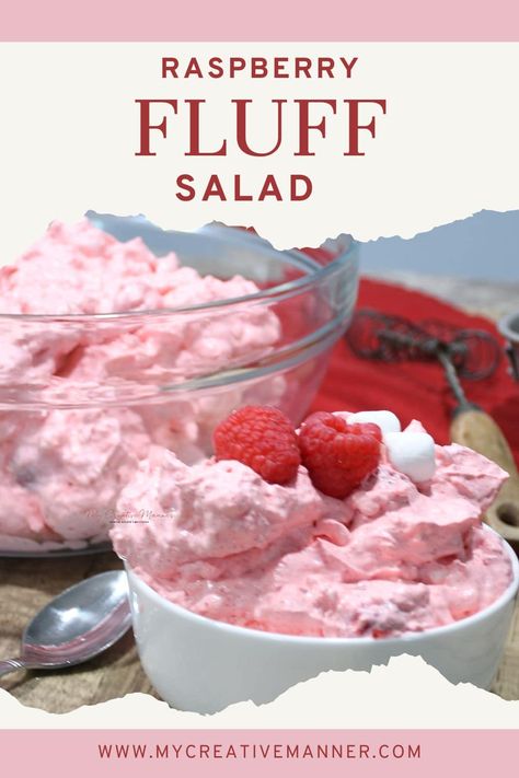 Raspberry fluff salad ia an easy recipe to make using only 5 ingredients.Whipped topping brings the fluffy base to this salad. While raspberry jello and fresh raspberries add that raspberry flavor. Mini marshmallows and cottage cheese add texture to this amazing fruit salad recipe. Raspberry Cheesecake Fluff, Cheesecake Fluff Salad, Raspberry Fluff, Ww Treats, Raspberry Jello Salad, Raspberry Fool, Toffee Cheesecake, Cheesecake Fluff, Raspberry Whipped Cream