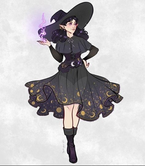 Character Design Witch Outfit, Witchsona Character Design, Dnd Wizard Outfit Design, Dnd Sorcerer Character Art, Moon Witch Character Design, Witch Outfit Fantasy Art, Fantasy Witch Outfit Drawing, Witch Design Character, Witch Outfit Art