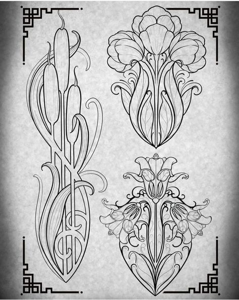 Fleurs Art Nouveau, Art Nouveau Tattoo, Motifs Art Nouveau, Nouveau Tattoo, Motif Art Deco, Art Nouveau Illustration, Art Nouveau Pattern, Art Nouveau Flowers, Ornamental Tattoo