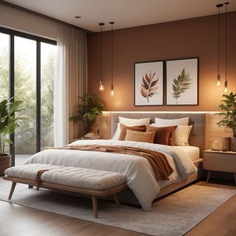 Home Decor: #homedecor, #interiordesign, #homedesign, #decor inspiration Master Bedrooms Minimalist, Light Brown Bedroom Walls, Cinnamon Bedroom, Greenery Bedroom Ideas, Warm Minimalist Bedroom, Warm Tone Bedroom, Warm Toned Bedroom, Bedroom Design Ideas For Couples, Serene Bedroom Ideas