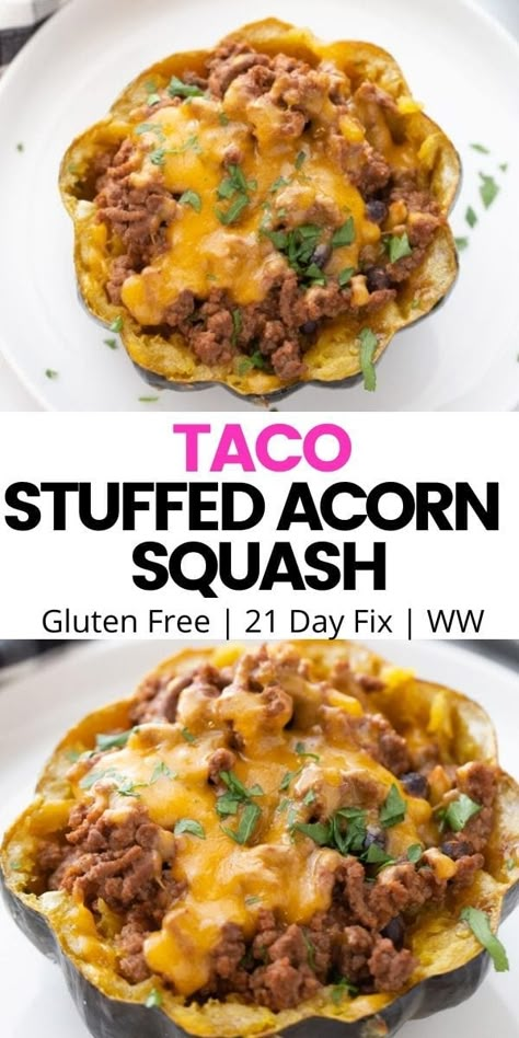 Taco Stuffed Acorn Squash - Confessions of a Fit Foodie Chicken Apple Sausage Stuffed Acorn Squash, Acorn Squash Bowl Recipes, Acorn Squash Ground Beef, Squash Tortellini, Acorn Squash Recipes Healthy, 2024 Diet, Noom Meals, Stuffed Veggies, Squash Dishes