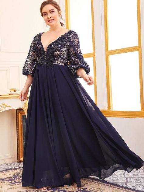 Plus Embroidery Mesh Panel Bishop Sleeve Formal Dress | SHEIN USA Diner Outfits, Shein Plus Size, Gowns Online Shopping, Plus Size Evening Gown, Plus Zise, Big Size Dress, Dresses Shein, Long Evening Dresses, 파티 드레스