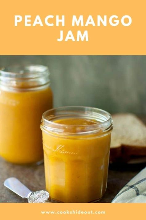 Delicious homemade peach mango jam with pectin is an easy to make recipe that uses pectin to set. It is flavored with vanilla and is perfect on just about everything. #cookshideout #jam #homemade Peach Mango Jam Recipes, Peach Mango Jam, Jam With Pectin, Marmalade Sandwich, Canning Jams, Jam Homemade, Fruit Butter, Peach Jam Recipe, Mango Jelly