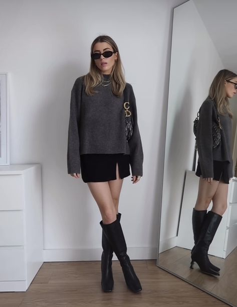 Grey Knit Sweater, Instagram Reels, Black Mini Skirt, Black Mini, Knitted Sweater, Uniqlo, Knee High Boots, Mock Neck, Knitted Sweaters