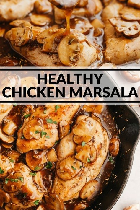 If you love saucy chicken you'll be a big fan of this Healthy Chicken Marsala! Seasoned chicken breasts simmer in a rich mushroom sauce! Serve over noodles, mashed potatoes, roasted potatoes, roasted broccoli, cauliflower rice, or traditional rice. Healthy Chicken Marsala, Broccoli Cauliflower Rice, Lite Recipes, Saucy Chicken, Turkey Dinners, Chicken Marsala Easy, Potatoes Roasted, Best Healthy Dinner Recipes, Low Calorie Dinners