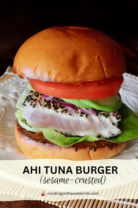 This is THE BEST Ahi Tuna Burger I've ever had. Sesame crusted, seared to perfection, and lightly spread with sweet and spicy Chili Crunch Mayo, you won't know what hit you. Seriously. Ahi Tuna Burger Recipes, Ahi Tuna Sandwich, Ahi Tuna Appetizer, Ahi Tuna Burger, Tuna Burger Recipe, Tuna Sliders, Sweet And Spicy Chili, Tuna Appetizer, Unique Burger Recipes