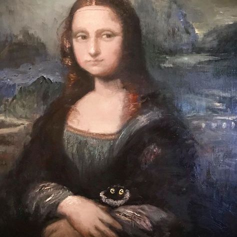 This Artist Can Sneak Her Cats Into Any Painting And It’s Hilarious Vanessa Stockard, Mona Lisa Portrait, Cassandra Calin, Black Cat Artwork, Black Cat Painting, Tiny Cats, Knotted Blouse, Black Cat Print, Metal Magazine