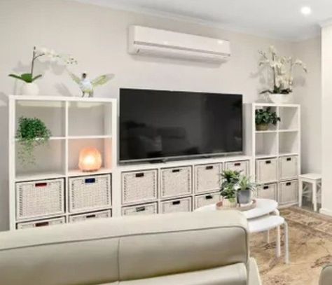 Living Room Kallax Ideas, Kallax Ikea Tv Stand Living Rooms, Cube Shelf Tv Stand Living Rooms, Ikea Kallax Tv Wall Unit Ideas, Cube Storage Entertainment Center, Kallax Media Unit, Ikea Kallax Tv Unit, Tv Stand Dresser Bedroom, Kallax Ikea Living Room