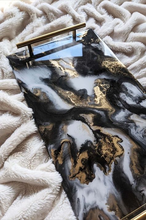 Black, white and gold marbled resin serving tray Black And Gold Resin, Resin Serving Tray, Resin Art Canvas, Marbled Resin, Learn Watercolor Painting, Handmade Gifts Diy, Black And Gold Marble, Learn Watercolor, Black White And Gold