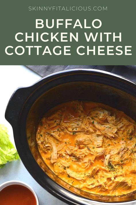 Buffalo Chicken with Cottage Cheese is high protein and made easy in a slow cooker! High Protein Crockpot Chicken, Healthy Crockpot Buffalo Chicken, High Protein Sauce, Buffalo Chicken Recipe, Buffalo Chicken Sauce, Chicken Cottage, Slow Cooker Buffalo Chicken, Buffalo Chicken Dip Crock Pot, Shredded Buffalo Chicken