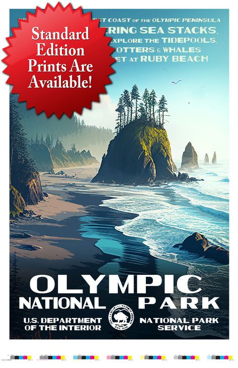 The Olympic National Park Poster is an original work by Robert Decker and features the sea stacks at Ruby Beach along the Olympic Peninsula. The Olympic National Park Artist Proof is a true limited edition, and only the first 25 prints pulled from this press run are available. I personally inspect these proofs on press and sign off on them before the balance of the posters are printed. The Artist Proofs feature the pressman’s “color bars”, which he uses to ensure that prints stay registered and colors stay consistent throughout the press run. Artist Proofs are numbered 1-25, dated and signed. My signature attests that I have personally inspected and approved each print — and further verified that no unsigned or unnumbered copies within the limited edition are known to exist. The Olympic Na Stay Consistent, Olympic Peninsula, Retro Travel Poster, Online Posters, Tide Pools, Olympic National Park, National Park Posters, Sign Off, Beach Print