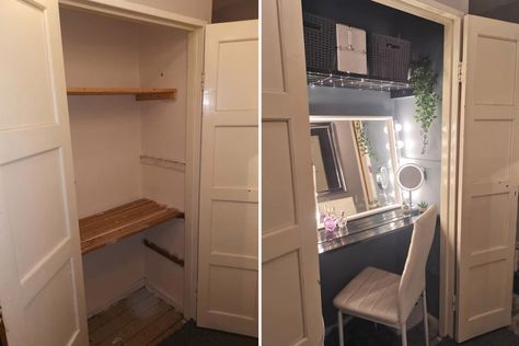 Woman creates ultimate make-up station out of an empty cupboard for only £5 Closet Makeovers, Vanity Nook, Tv Nook, Built In Vanity, Airing Cupboard, Closet Vanity, Ikea Wall, Amazing Closets, Makeup Station