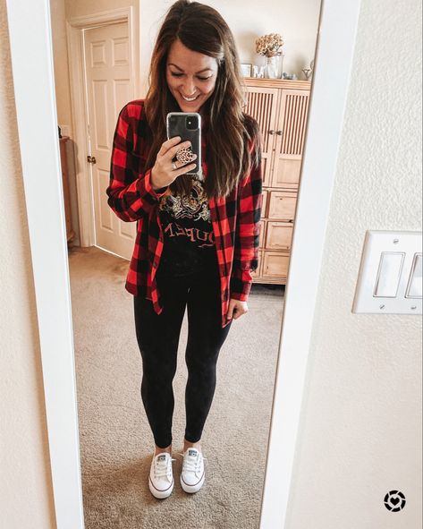 Black Jeans And Plaid Shirt Outfit, Style Red Plaid Shirt, Band Tee And Flannel Outfits, Band Shirt And Flannel Outfit, How To Style Plaid Shirts Long Sleeve, Buffalo Plaid Flannel Outfit Women, Buffalo Shirt Outfit, Plaid Shirt Graphic Tee Outfit, Flannel Outfits With Converse