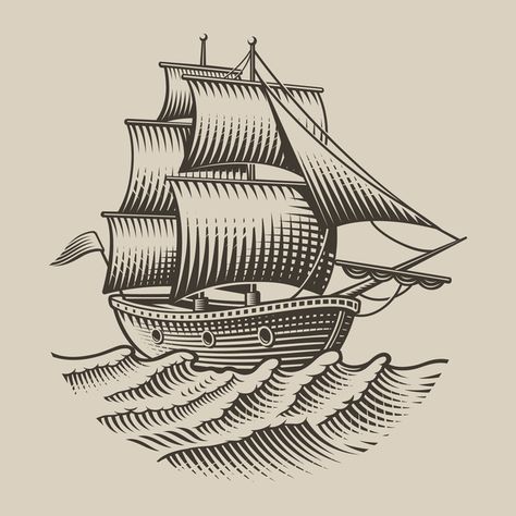 Illustration of a vintage ship in engrav... | Premium Vector #Freepik #vector #logo #vintage #design #nature Scratchboard Illustration, Ship Sketch, Woodcut Illustration, Ship Vector, Boat Illustration, Vintage Ship, Sea Ship, Black Nature, Vector Animation