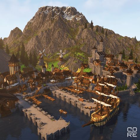 Minecraft Docks Ideas, Midevil Minecraft Town, Minecraft Port Town, Minecraft Medieval City, Minecraft Dock, Minecraft Medieval Buildings, Minecraft Medieval Village, Minecraft Medieval House, Minecraft Castle Designs