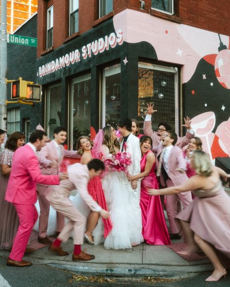 Pink Kitsch Wedding, Colourful Wedding Party, Pink Wedding Aesthetic, Kitschy Wedding, Pink Wedding Party, Nashville Elopement, Weird Wedding, Cotton Candy Cart, Maximalist Wedding