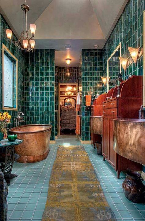 Steampunk Bath!! Copper Soaking Tub, Teal Tile, Copper Tub, Copper Bathroom, Pretty Bathrooms, Bad Inspiration, Modern Restaurant, Dream Bathrooms, Bath Room