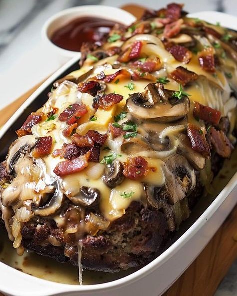 Cheese Meatloaf, Mushroom Meatloaf, Bacon Meatloaf, Cheese Stuffed Meatloaf, Leftover Meatloaf, Bacon Mushroom, Delicious Meatloaf, Grandma's Recipes, Bacon Stuffed Mushrooms