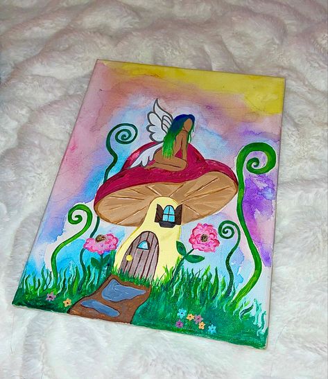 Fairy Canvas Painting Easy, Mushroom Paintings On Canvas, Fairy Canvas Painting, Mushroom House Painting, Mushroom Painting, Doodle Sketchbook, Cd Painting, Fairy Paintings, Sky Art Painting