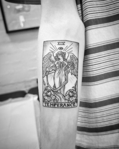 Temperance Tarot Tattoo Simple, Angel Tarot Card Tattoo, The Temperance Tarot Tattoo, Temperance Card Tattoo, Tarot Card Temperance Tattoo, Tarot Card Tattoo Forearm, Temperance Tattoo Ideas, Temperance Tarot Tattoo, The Magician Tarot Tattoo