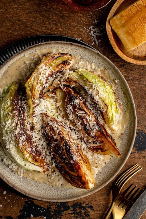 Take a basic vegetable and elevate with a few ingredients like with this charred cacio e pepe cabbage with mustard whiskey sauce. #sidedishrecipe #vegetarian #sidedishes Whiskey Sauce, Vegetarian Cabbage, Cabbage Recipes, Grilled Vegetables, Holiday Cooking, Plant Food, Few Ingredients, Interesting Food Recipes, Veggie Recipes